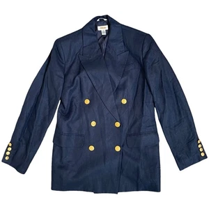 Talbots Irish Linen Blazer Womens 8 Navy Blue Crest Gold Button Double Breasted - Picture 1 of 7