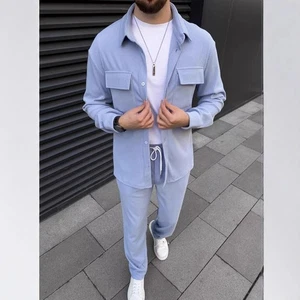 2025 Spring New Men Corduroy Long Sleeve Collar Shirt Long Coat Pants Casual Set - Picture 1 of 28