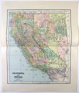 California & Nevada - Original 1891 Map by Hunt & Eaton. Antique - Picture 1 of 3