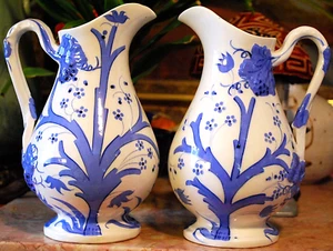 Set 2 Antique PARIAN WARE MOLDED PITCHER JUGS Hand Painted BLUE WHITE GRAPES 9" - Picture 1 of 24