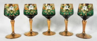 5 Vintage Vimax Cordial Glasses, Green, Painted Floral, Gold Stems, Murano Italy - Image 1 of 4