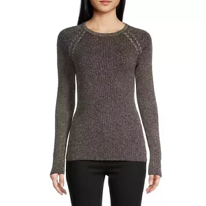 BCX Women's Metallic Lace-Up Raglan-Sleeve Ribbed Sweater Black/Gold M B4HP - Picture 1 of 2