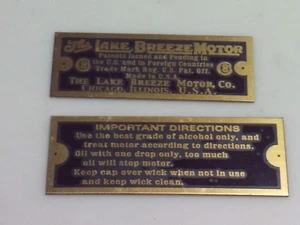 Lake Breeze Fan Stirling Hot Air Fan Reproduction nameplates set of 2 - Picture 1 of 1