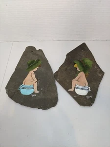 Hand Painted Slate Wall Hanging Folk Art Signed "Yve" Bathroom Décor 9x6 - Picture 1 of 6