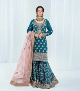 Eid Festive Women Sharara Indian Designer Chinon Silk Readymade Party Wear Suits - Picture 1 of 16