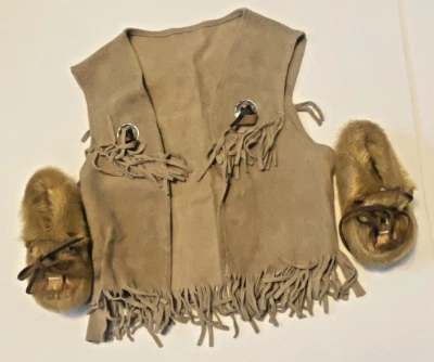 Leather Moccasins & Deerskin Fringe Vest for  Baby/Child 1960's Beaded VTG - Image 1 of 4