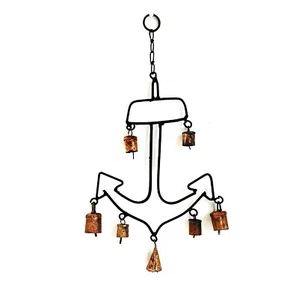 Handcrafted Rustic Vintage Metal Boat Anchor Chime with 7 Cow Bells Garden Decor - Picture 1 of 5