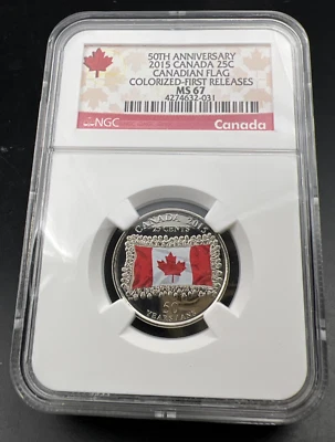 2015 Canada 25c Twenty Five Cent Colorized Flag Quarter Coin NGC MS67 - Image 1 of 4