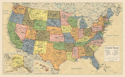 POSTER CALENDAR Laminated United States Map Poster - US Map Wall Chart Made in the USA [Yellow]