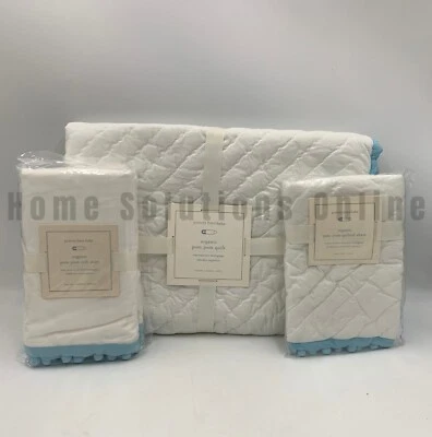 Saia berço Pottery Barn Kids Pom-Pom bebê colcha percal farsa 3 peças azul #Z1279 - Imagem 1 de 4