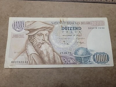 🇧🇪  Belgium 1000 francs  P-136  P-136b  27 June  1975   BANKNOTE  020224-10 - Image 1 of 2