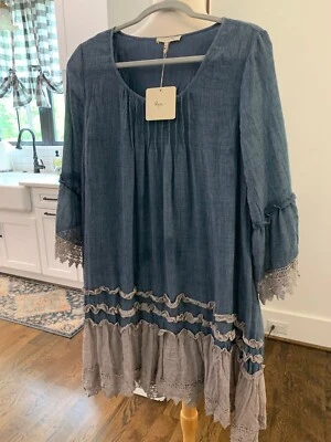 Vestido feminino RYU novo com etiquetas - Índigo com renda cinza e babados - Forrado - Tamanho. M - Imagem 1 de 4