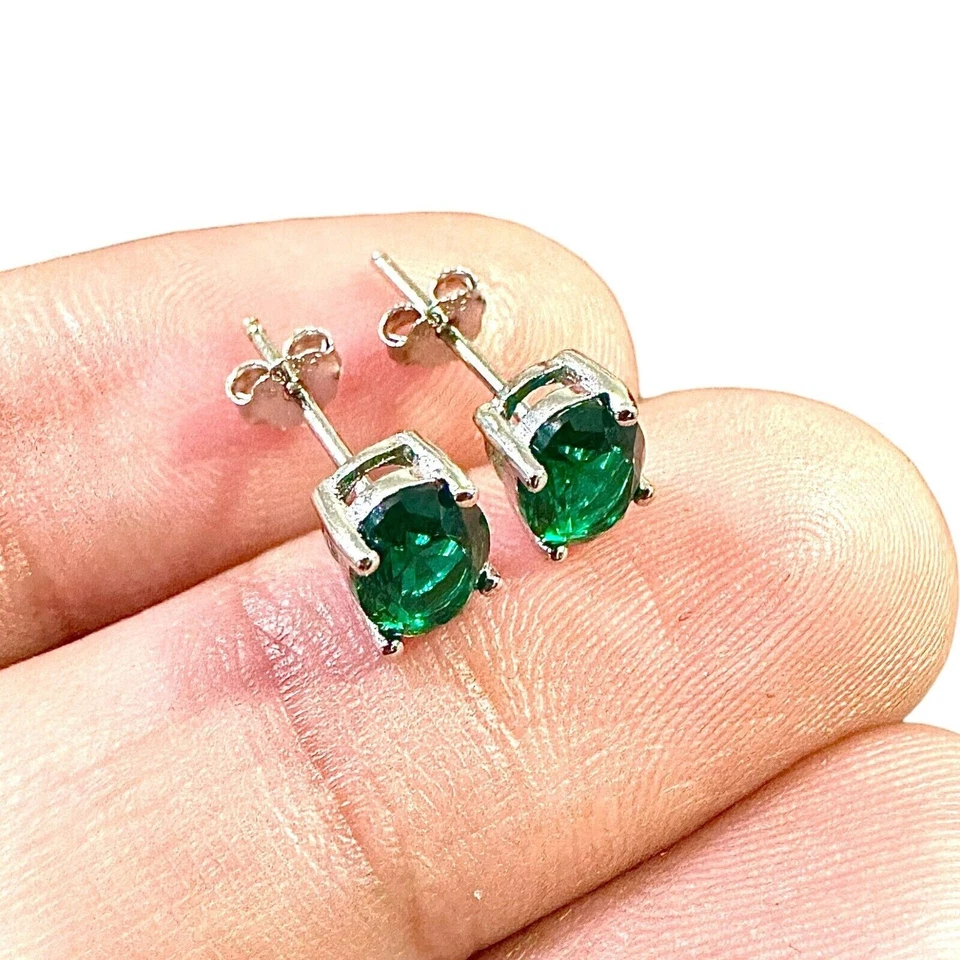 Genuine Emerald Round Basket Set Stud Earrings in Sterling Silver - Image 1 of 4