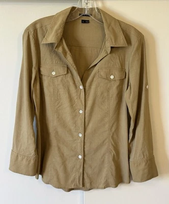 Camisa de Lino Theory Dulcie Talla L Tostada Botón Frontal Blusa Bolsillo Manga Larga #4PT Foto 1 de 4