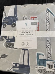 Pottery Barn Kids Jax Construction Organic FULL / QUEEN Duvet Cover ~ Gray NWT - Picture 1 of 5