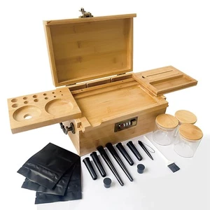 Large Bamboo Box with Combination Lock & Rotatable Rolling Tray with Cone Loa... - Picture 1 of 9