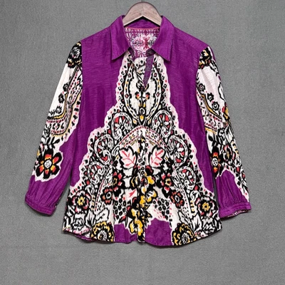 Camisa Robert Graham para mujer L lino mezcla seda estrás 3/4 Slv abotonada top Foto 1 de 4