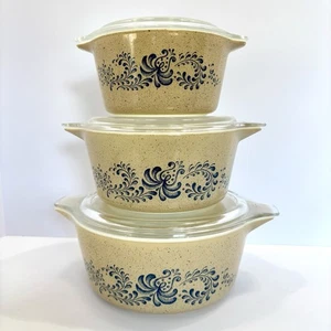 Vintage Pyrex Homestead 6pc Casserole Set w/ Lids 473 474 475 Blue Tan Speckled - Picture 1 of 10