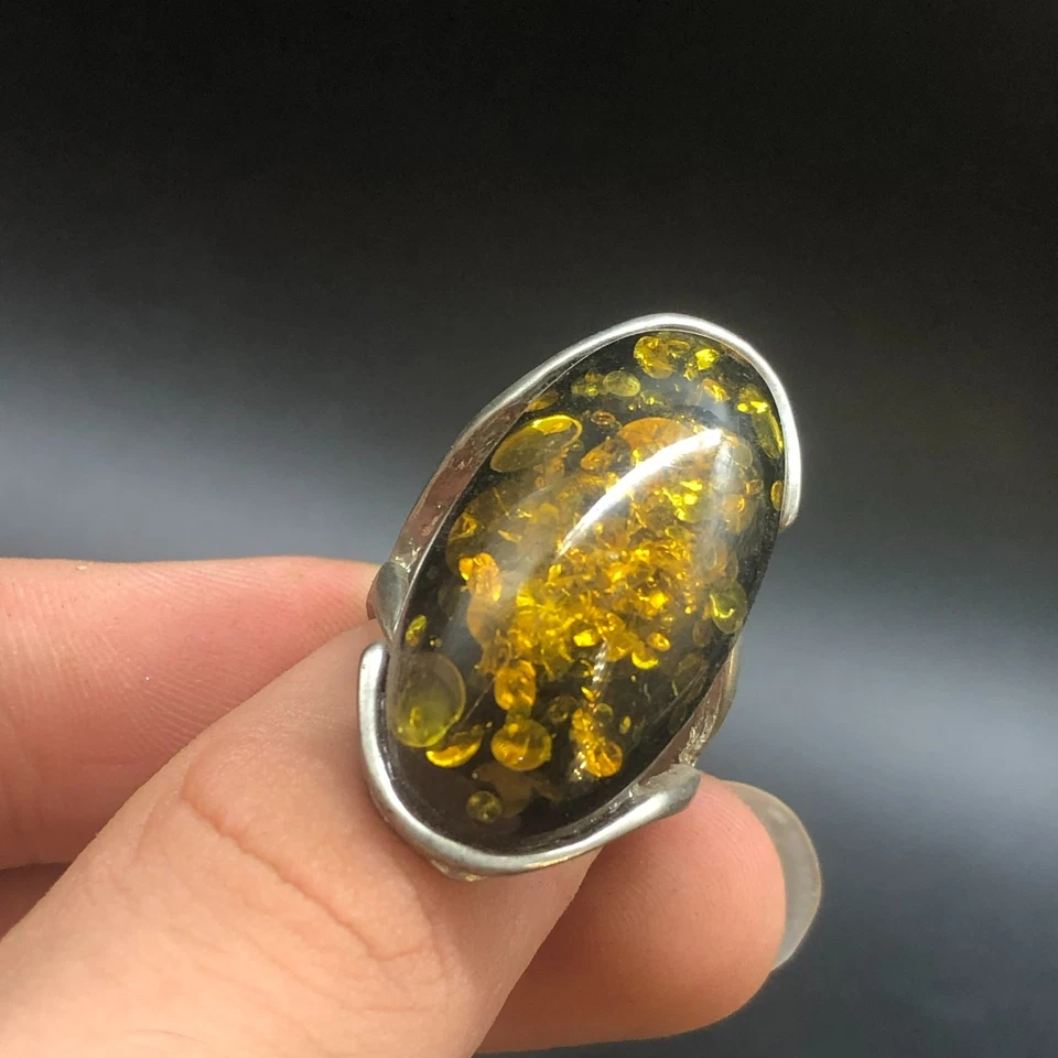 Tibetan  Old Silver Amber Ring A14 - Image 1 of 4