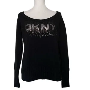 Suéter DKNY Jeans Para Mujer Negro 100% Algodón Cuello Redondo con Lentejuelas XL - Imagen 1 de 6