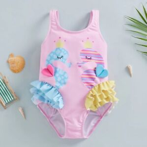 NEW Girls Seahorse Pink Ruffle Swimsuit Bathing Suit 2T 3T 4T 5T 6