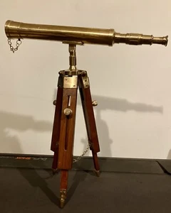 Vintage Brass Nautical Telescope 18" w/ Wooden Tripod - Picture 1 of 7