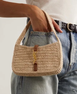SAINT LAURENT ‘Le 5 À 7’ Leather-Trimmed Mini Raffia Hobo Shoulder Bag $1750+ - Picture 1 of 23