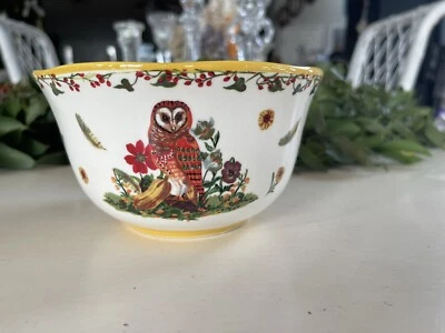 Anthropologie Nathalie Lete Cereal Bowl Yellow Owl Woodland Floral Nature NWT