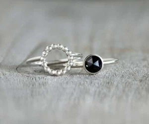 Rose Cut Black Diamond Wedding Ring Set of 2 Interlocking Rings 14KT Gold Ring - Picture 1 of 5