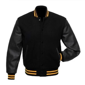 Black Wool Varsity Letterman Bomber Jacket Real Pure Leather Sleeves Yellow Rib - Picture 1 of 4
