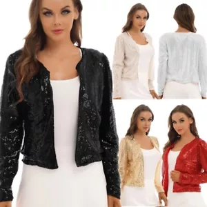 Womens Sequins Long Sleeve Jacket Open Front Glitter Blazer Bolero Cardigan Coat - Picture 1 of 82