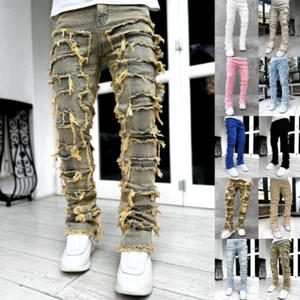 Men's Skinny Ripped Jeans Stretch Denim Distressed Frayed Slim Fit Pants Trouser - Picture 1 of 57