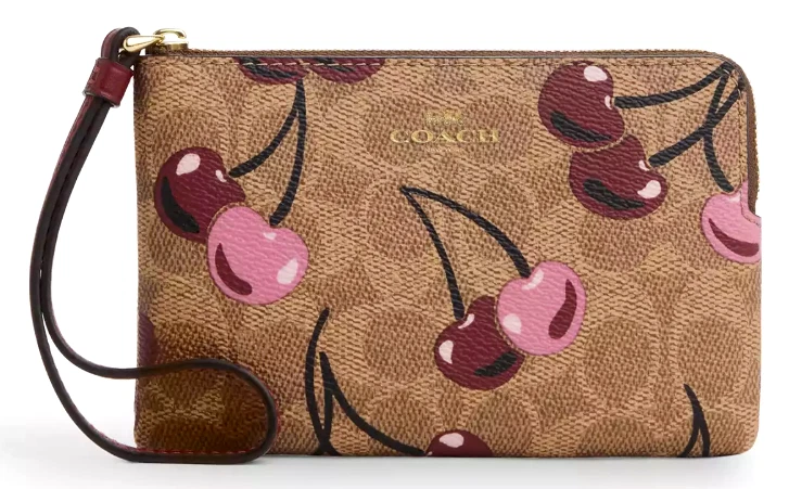 COACH Corner Zip Wristlet Signature Canvas Cherry Print Denim 6.25x4x0.5" CZ450