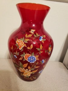 NORLEANS Ruby Red w/ Butterflies & Flowers 10" Large Vase HAND MADE IN ITALY  - Picture 1 of 7