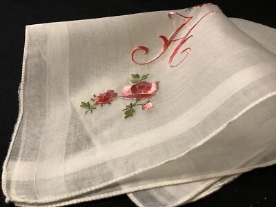 8868🌟PREM Vintage 40s Swiss Pink SATIN Roses Monogram “H” Wedding Handkerchief - Image 1 of 4