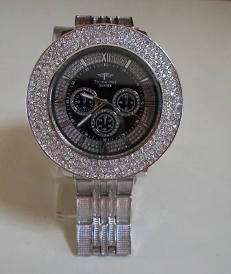 Men's Techno Pave Silver Finish Bling Black Dial Fashion Dress Up Watch - Image 1 of 4