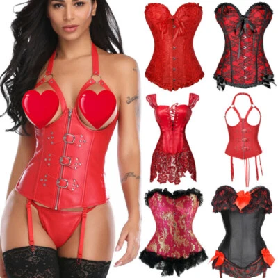 Women Christmas Lace Up Bustier Basque Corset Lingerie Burlesque Fancy Dress Top - Image 1 of 4