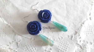 Orecchini pendenti roselline blu e goccia in agata sfaccettata - Picture 1 of 1