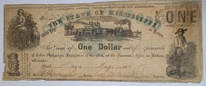 1862 $1 STATE OF MISSISSIPPI CONFEDERATE CURRENCY NOTE COTTON PLEDGED - Picture 1 of 2
