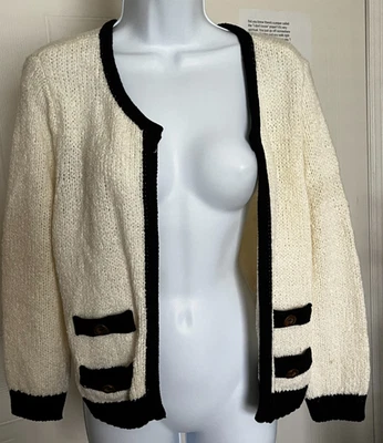 🖤WOMEN'S OPEN FRONT KNIT CARDIGAN CREAM w/BLACK TRIM POCKETS LONG SLEEVE SIZE L - Image 1 of 4