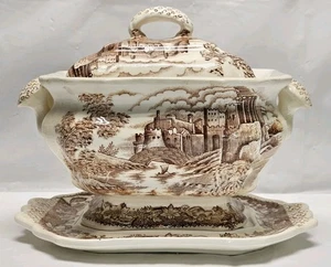 Sopa de transferencia marrón de colección debajo del plato castillo escena muesca tapa 8”x6,5” Japón - Imagen 1 de 10