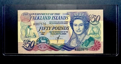 1990 Islas Malvinas Cincuenta libras Qeii £50 "A" sin circular, ¡sin precio base! Foto 1 de 4