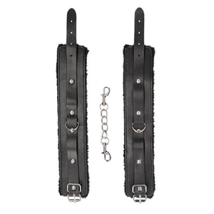 SHOTS Ouch! Black and White Plush Bound Leather Ankle Cuffs - Picture 1 of 4