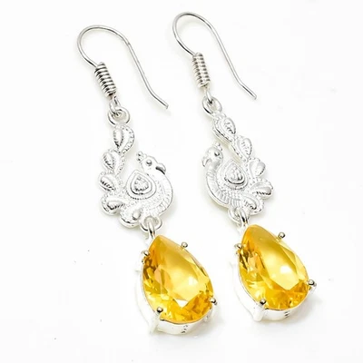 925 Sterling Silver Yellow Citrine Gemstone Handmade Jewelry Earring Size-1.8" - Image 1 of 4
