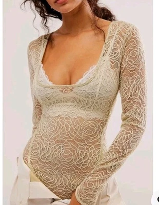 Intimately Free People Size S Lace Bodysuit Long Sleeve Sheer Light Green Boho  - Image 1 of 4