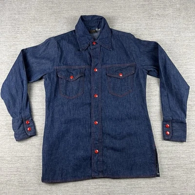 Vintage Big Yank Denim Shirt Size Medium 70s Red Snap Buttons Workwear Western - Image 1 of 4