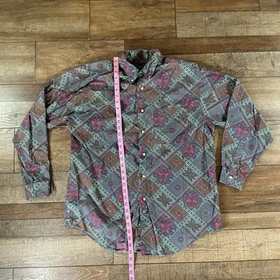Camisa de botão geométrico anos 90 vintage Arrow Company paisley tamanho G marrom verde vermelho #48028 - Imagem 1 de 4