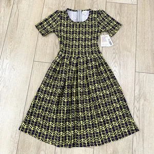 Abito Amelia LULAROE nuovo con etichette elasticizzato blu navy fluo zig zag plissettato linea A taglia XXS - Foto 1 di 11