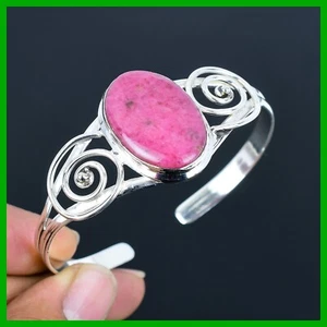 925 Sterling Silver Rhodonite Stone Birthday Gift Handmade Bezel Bangle Bracelet - Picture 1 of 6