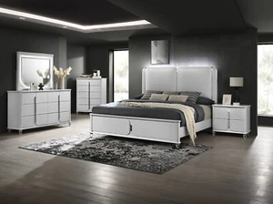 Contemporary 6pc White Beige Queen Size LED Light Bed Set Furniture Wooden - Picture 1 of 9
